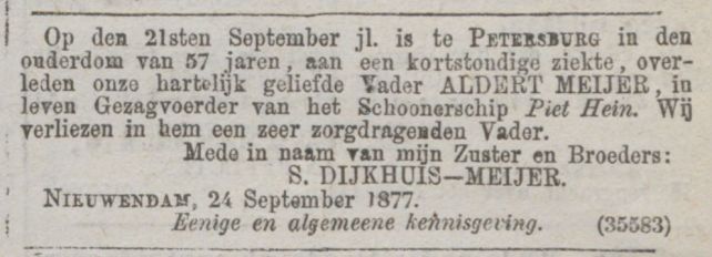 Overlijdensadvertentie kapt. A. Meijer in Petersburg, Algemeen Handelsblad 27 september 1877