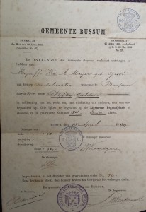 Betalingsbewijs 18 april 1899 voor het recht om drie lijken te begraven op de algemene begraafplaats te Bussum, in grafruimte 54, eerste klasse.