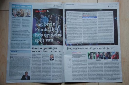 Hoe Frank Project X Haren ontkenden. Pagina 2 en 3 Dagblad van het Noorden, 21-09-2013. Artikel Diana Romashuk en Marco in 't Veldt